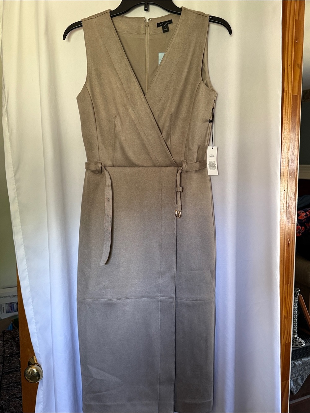 Ann Taylor Taupe Faux-Suede Sleeveless Wrap Midi Dress with Belt